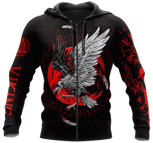 Wikinger Tattoo Huginn Muninn Herren Sweatshirt Pullover Lässige Lange ärmel Reißverschluss Komfort Hoodie Vintage Straßen Laufjacke