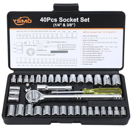 YSMD 40 Pieces 1/4-Inch & 3/8-Inch Entry-level Drive Socket Set with Reversible Ratchet, Wrench Set with Extension bar, SAE/Metric for Starter Socket Wrench Set for Light Duty Use