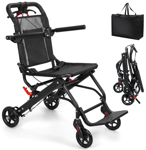 Silla de ruedas plegable ligera de 13 libras para adultos y personas mayores, silla de ruedas portátil con bolsa de viaje y frenos de bloqueo, sillas de ruedas plegables para adultos con marco de