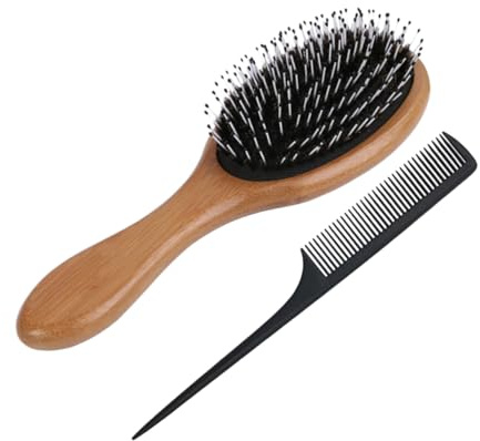 WRITWAA 2stücke Bambusborsten-haarkamm und Massagekamm mit Stiel und Kunststoffspitze für Zuhause und Unterwegs Robust und Komfortabel Zufällige Farbe