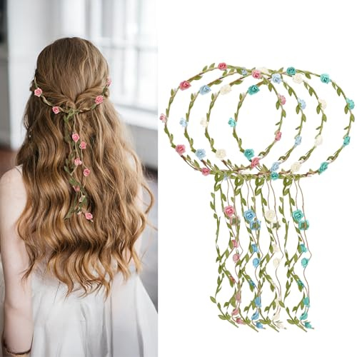 Haarband Blumen,4 Stück Garland Blumenkranz Stirnband,Blumenkranz Blume Krone Stirnband,Blumen Haarreif,Kranz Kopfschmuck,Blumenkrone Damen,Für Hochzeitsfest Feiertag Party