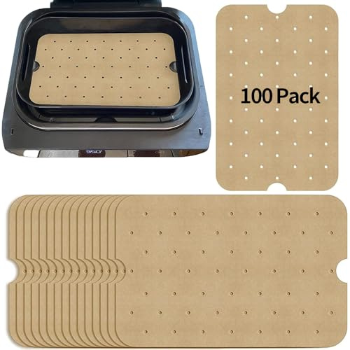 HRLORK 100 Pcs Air Fryer Paper Liners 7.7x11.6 Unbleached Parchment Paper Perforated Nonstick Compatible with Ninja Foodi XL Smart FG551 6-in-1 Indoor Grill