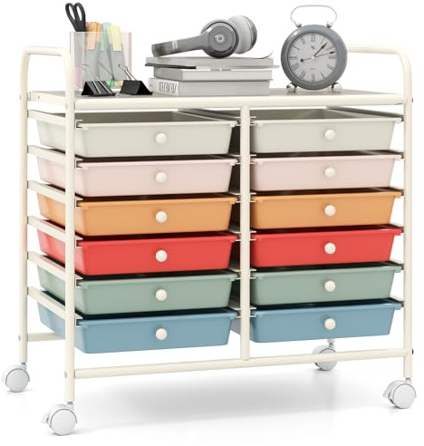 COSTWAY 12 Drawers Storage Cart, Multipurpose Utility Rolling Trolley with Lockable Wheels, Mobile Organiser Shelving Unit for Home Office Makeup Beauty Salon (Colorful)
