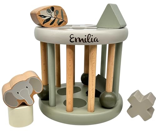 KIDSLINO Personalisiertes Sortierspiel Rad Label Label Olive, Babygeschenk, Motorikspielzeug ab 1 Jahr