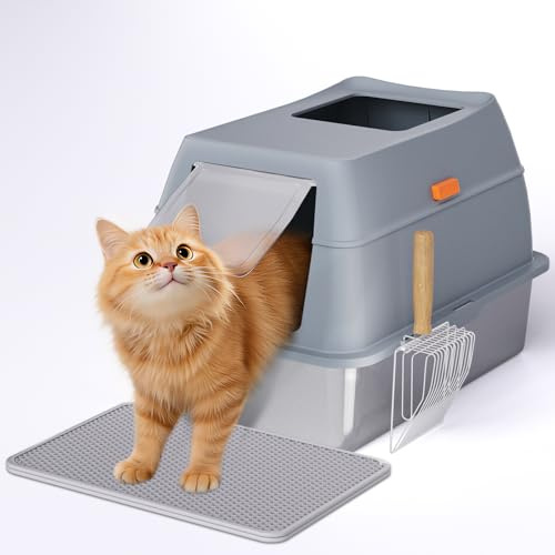 Katzenklo Edelstahl mit Deckel XL 60 x 40 x 40 cm, Geschlossene Katzentoilette für große Katzen, Einfache Reinigen Cat Litter Box mit Katzenklo Schaufel und Matte