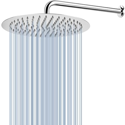Soffione Doccia Voolan Rain con Braccio di Estensione, Soffioni a Pioggia in Acciaio Inossidabile, Soffione Doccia 25cm Rotondo ad Alto Flusso (Braccio Doccia 38cm)