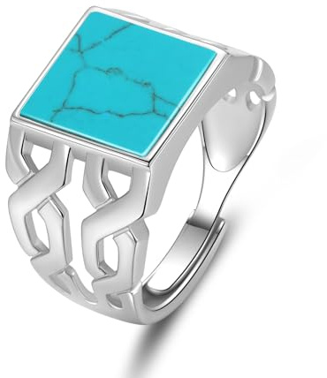 HORHEAR Silberring für Männer Mit Türkis Quadrat Stein 925 Sterlingsilber Durchbrochener Ring im Vintage-Stil