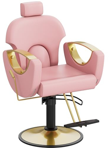Anunweldo Friseurstuhl, Hydraulisch kippbarer Friseurstuhl, 360-Grad-Drehung, Frisörstuhl für Schönheitssalon Friseursalon (Rosa)