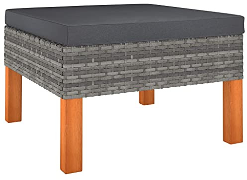 Qnhdfrt Fußhocker aus PE-Rattan und Eukalyptusholz Grau Anthrazit – Robuster Gartenhocker mit abnehmbarem Kissen für Balkon, Terrasse und Garten