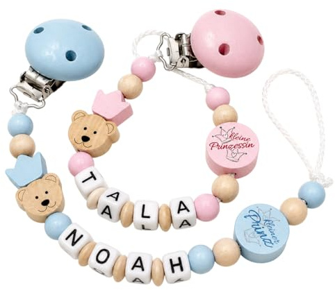 personalisierte gestaltetes Babygeschenk mit Namen für Mädchen Jungs Baby Geschenk personalisiert zur Geburt & Taufe Bär Krone mit kleiner Prinz / kleine Prinzessin Motiv Natur Holz Blau & Rosa