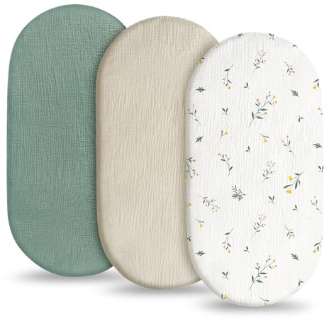 Flintronic 3PCS Algodón Muselina Juego de 3 Sábanas Bajeras Ajustables, 83 x 43cm 100% Sábana Bajera Ajustable para Cuna de Bebé, Protector de Colchón para Cuna Sabanas Capazo Cubre Colchon