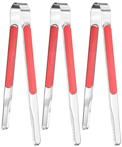 M METERXITY 3-Pack Grill Tongs, 8.8 Inch Non-Slip 410 Stainless Steel Locking Tongs for Cooking/Buffet/Outdoor Barbecue, Korean BBQ Tweezers Metal Clamp Tool [Red]