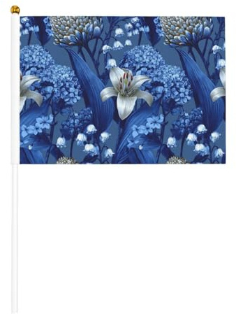 Banderas pequeñas de mano de hortensias de lirio de los valles azules y blancos, mini banderas en palo para fiestas, actividades de equipo, desfiles, decoración de vacaciones, paquete de 10