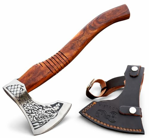 Wikinger Axt – Handgefertigte Outdoor Axt mit Drachen-Gravur, Stahlkopf & Holzgriff – Viking Axt für Camping, Bushcraft & Holzarbeiten