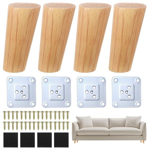 4 Set di Piedini per Mobili in Legno, 10cm Gambe per Mobili in Legnos, Gambe per Tavolo, Piedi in Legno Ricambio per Tavolo Letti Divani Sedie Letto Tavoli Armadi, con Piastre di Montaggio e Viti