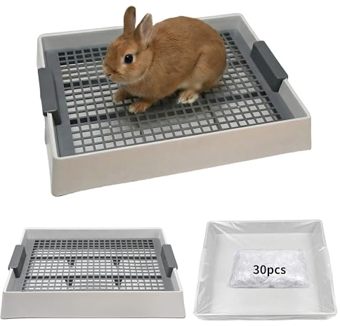 Zuisfau Rabbit Litter Tray with Grid, Large Bunny Litter Box | 39x31.5cm tray includes 30 disposable liners. 10mm mesh grid with lift handles keeps paws clean. For rabbits & ferrets.