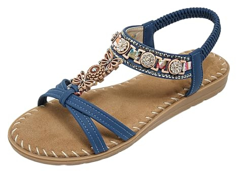 Nuoke sandalias,sandalias planas, planas con cuentas para, de con tiras elásticas en T Zapatos Dorados (Navy, 40)