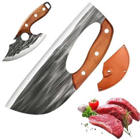 Pomurom Mannaia Pesante per Carne - Coltello Forgato a Mano in Acciaio,2 Pezzi Coltello da Macellaio per Carne | per Casa Campeggio Grigliate BBQ Preparazione Pasti Uomo Donna Macellaio Papà