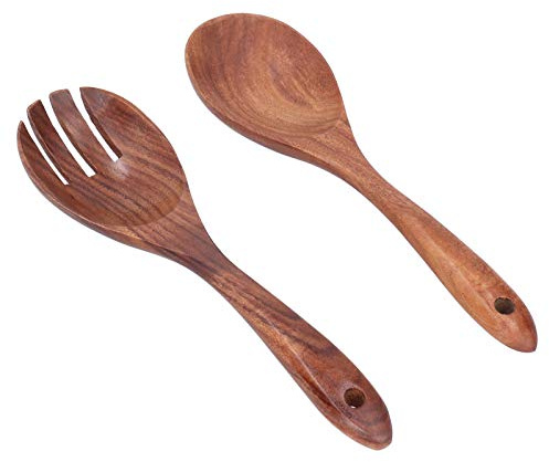 Xiuganpo Holz-Gabel- und Löffel-Set, Ergonomischer, Breiter Griff, Kratzfestes Holz-Salatbesteck, Kochlöffel-Göffel-Set mit Rechteckigem Design für Familienrestaurants, Cafés