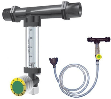 Inyector Venturi de fertilizante con llave dosificadora de precisión 25Ø 5mm. Caudal máximo riego 1630 l/h. Caudal máximo fertilizante 110 litros a 3 bar. Rosca macho 3/4. Fabricado en España.