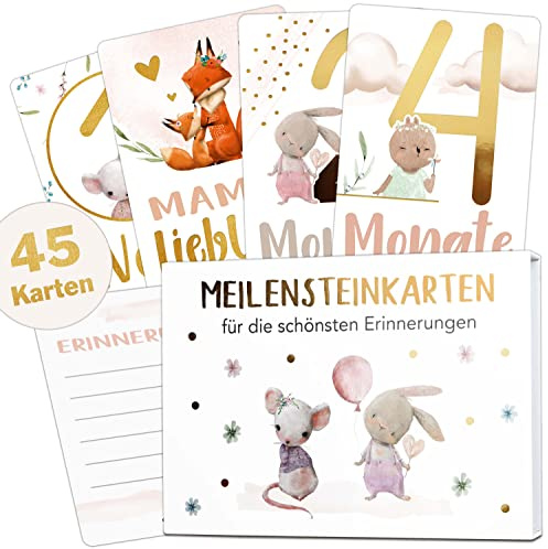 Olgs Baby 45 Meilensteinkarten Mädchen Gold Meilenstein Karten Set, Erinnerungskarten, Monatskarten 1-12 Monate, Milestones, Geschenkidee zur Geburt Taufe, Babyparty, Babyshower