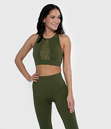 HECVS|#HEART and SOUL Damen Top Riviera Leo-Green Bush Sport-BH mit kreuzten Trägern auf dem Rücken und gemustertem Muster aus goldenen Nieten, Damen, 0919035RL1989-XS/S, grün, XS/S