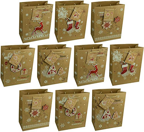 HRB Geschenktüten, 30 Stück für Weihnachten - Handmade Größe medium, mit 3D Applikationen stabile Weihnachtstüten der Marke HRB, Abmaße der weihnachtlichen Geschenkverpackung 23x18x10 cm (HxBxT)