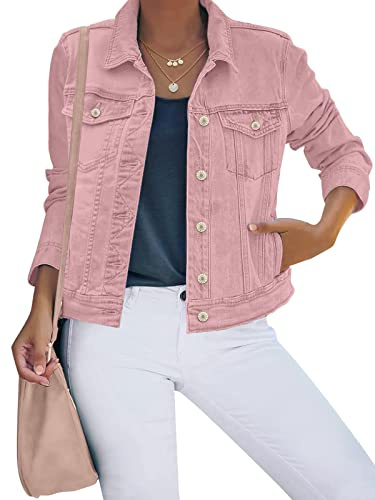 luvamia Women's Classic Casual Long Sleeves Jacket Basic Button Down Trucker Jacket Coat Pink Size Small