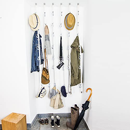 LeTOMA Seilgarderobe aus 100% Baumwolle mit Haken zum Aufhängen an der Decke und Wand im Industrial-Design in weiß - Praktisch, elegant, platzsparend - 1x maritime Garderobe 160cm und 5 Metallhaken