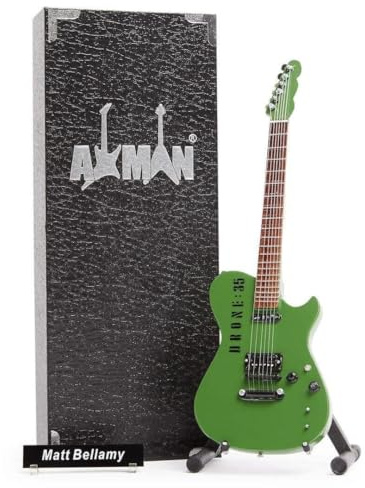 Matt Bellamy – Replica chitarra in miniatura – Regali musicali – Fatto a mano ornamentale scala 1/4 – Include una scatola espositiva, targhetta per il nome e supporto per chitarra in miniatura