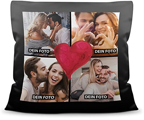 Print Royal Kissen selbst gestalten Satin - Collage mit 4 Fotos Bedrucken - Herz, Liebe - Geschenk Valentinstag Geburtstag Weihnachten - Fotokissen satiniert inkl. Füllung, 40x40 cm