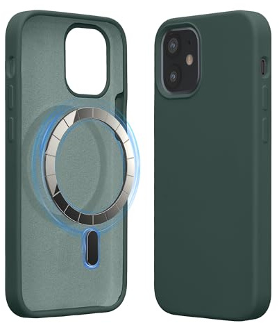 kwmobile Hülle kompatibel mit Apple iPhone 12 mini Hülle - magnetisches Silikon Case kompatibel mit MagSafe - Cover gummiert Moosgrün