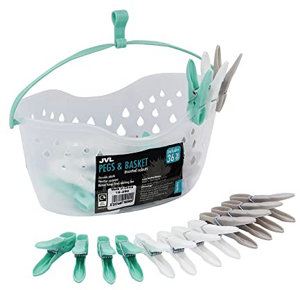 JVL Strong hanging 36 plastic clothes pegs with clear basket and hook
