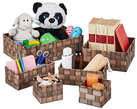 Relaxdays Aufbewahrungskorb, 6er Set, 4 Größen, Körbchen in Holzoptik, geflochten, Schrank & Regal, Kunststoff, braun