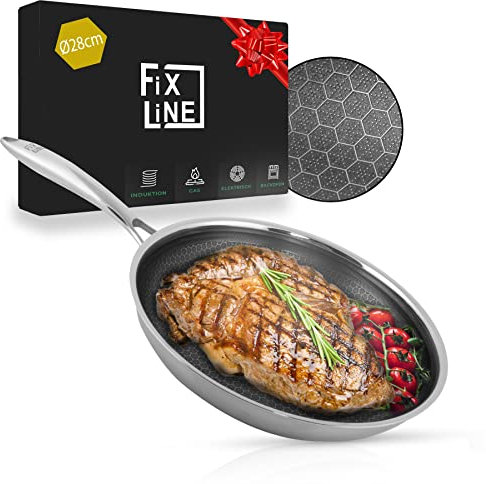 FIXLINE® Wabenpfanne Ø28cm - alle Herdarten inkl. Induktion - Kratzfeste Antihaftbeschichtung ohne PTFE - Backofen bis 230℃ - Mr. Fix Wabendesign - Allrounder Edelstahlpfanne - Sehr beliebt
