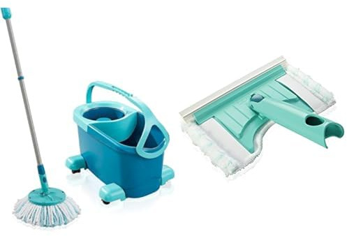 Leifheit Set Clean Twist Disc Mop Ergo Lave Sol, Seau et Balai essoreur, avec Manche télescopique & Chariot à roulettes & Nettoyeur de Douche Bath Cleaner Micro Duo, Tête de Nettoyage rotative 360°