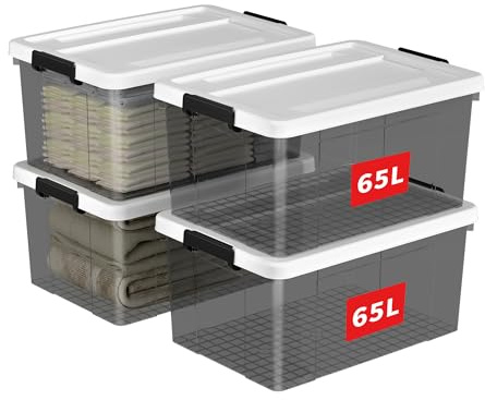 Cetomo 65L*4 Aufbewahrungsboxen, Aufbewahrungsbox mit Deckel, Organizer-Behälter mit Clips, Stapelbar, Ineinander Nestbar, für Zuhause und Büro, Kunststoff, Transparent schwarz, 65L-4er Pack