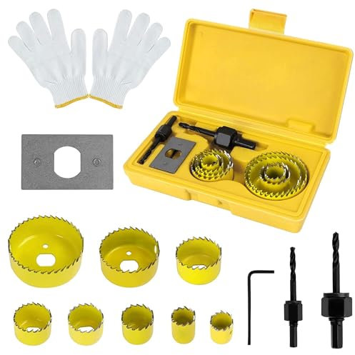 12PCS Hole Saw Cutter Kit, 19-64mm Carbon Steel Downlights Drill Bit Tools with A Pair of Gloves and Storage Box,for Plasterboard,Wood,PVC Board,Plastic Plate