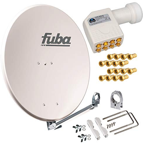 hb-digita & Fuba 80cm Satellitenantenne DAL 800G grau Aluminium Schüssel Reflektor Spiegel Klapparm + HB-DIGITAL octo LNB 8 Teilnehmer UHD weiß + vergoldete F-Stecker