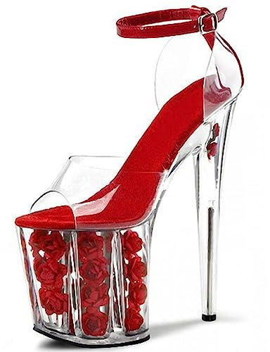 PROMI High Heels Sexy 20cm Klar Kristall Rose Pole Dance Fisch Mund Sandalen-Red||44