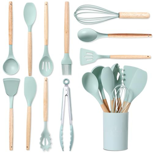 BASVII Set 12 Pezzi Utensili Cucina in Silicone Con Porta Mestoli - Realizzato Con Manici in Legno, Resistenti al Calore e Antiaderenti (Verde)
