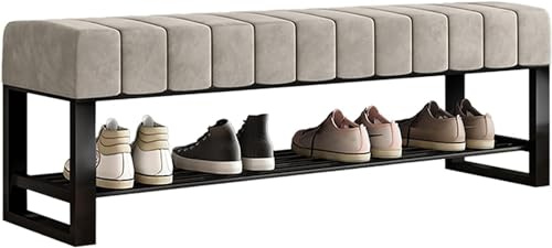 Gepolsterte Schuhbank im Eingangsbereich, Bouclé-Bank für das Bettende, 2-stufiges Schuhregal aus schwarzem Metall, Stauraum, Flur, Tür, Wohnzimmer, Schmutzfänger