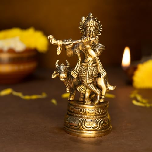 Ekhasa 100 % ren mässing Lord Krishna Idol med flöjt (storlek: 12,8 cm) | Shree Lord Krishna staty för heminredning | Kanha Ji ki Murti för kontorsskrivbord | Sri Krishna idoler present till