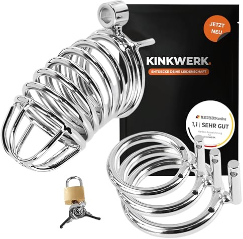 KINKWERK Peniskäfig aus Edelstahl | Chastity Cage für Männer | Drei Ringgrößen für perfekten Sitz inklusive Vorhängeschloss | Keuschheit, Chastity Belt, Cock Cage | BDSM, extrem (metall)