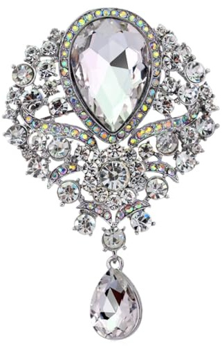 FAIRYGATE Rhinestone Brooch Christmas Brooch Bridal Fashion Statement Crystal White Simulated Rhinestone Brooches Pin for Women Silver Plated，B3827