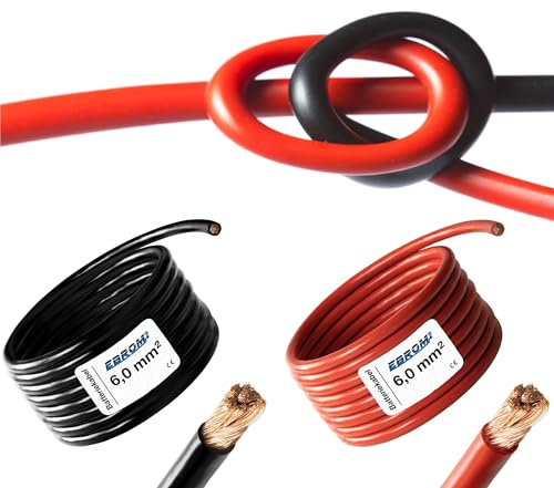 EBROM HI-FLEX 3 Meter hochflexibles Batteriekabel ROT und SCHWARZ - 6 mm² | Batterie Kabel 6 mm2 - PLUSKABEL & MASSEKABEL - extrem leicht verlegbar - für PV, Boot, Solar, Industrie, LKW, KFZ, Caravan