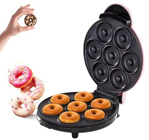 FURLOU Máquina Eléctrica para Hacer Donuts, Máquina Pequeña para Aperitivos de Donuts, Hace 7 Mini Donuts, Placas Antiadherentes de Fácil Limpieza, Calefacción por Doble Cara, para Hacer Nueces Pink