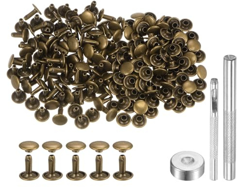 QUARKZMAN 200 Juegos Remaches de Cuero de 9mm x 10mm Sujetadores Bronce | Remaches de Metal de Doble Tapa, Con 3 Instalación Herramientas, para Cuero Manualidades, Reparación, Decoración