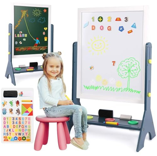Chevalet d’art 2 en 1 en bois pour enfants - Double face - Réglable - Chevalet debout - Grand tableau pour écrire et dessiner - Tableau blanc et tableau noir avec accessoires magnétiques pour enfants