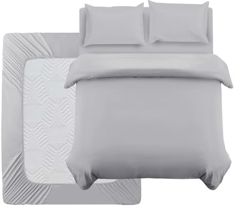 Oxford Homeware Parure de lit double 100 % microfibre brossée 4 pièces avec drap-housse et taies d'oreiller, parure de lit douce et respirante - Argenté